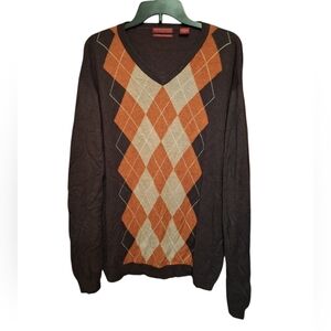 American Blue Mens Sweater Large Brown Silk Cashmere Argyle V-Neck Preppy Fall